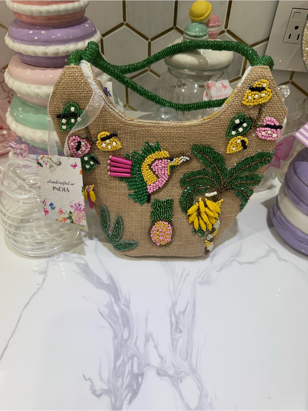 Beaded Tropical Hummingbird Mini Tote - Pink & Green